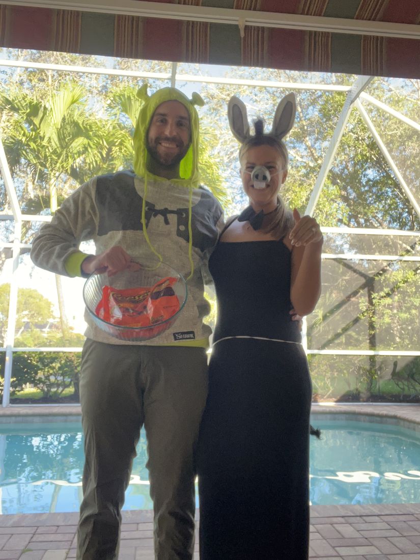 Chris and Lauren dressed as Shrek and Donkey for Halloween